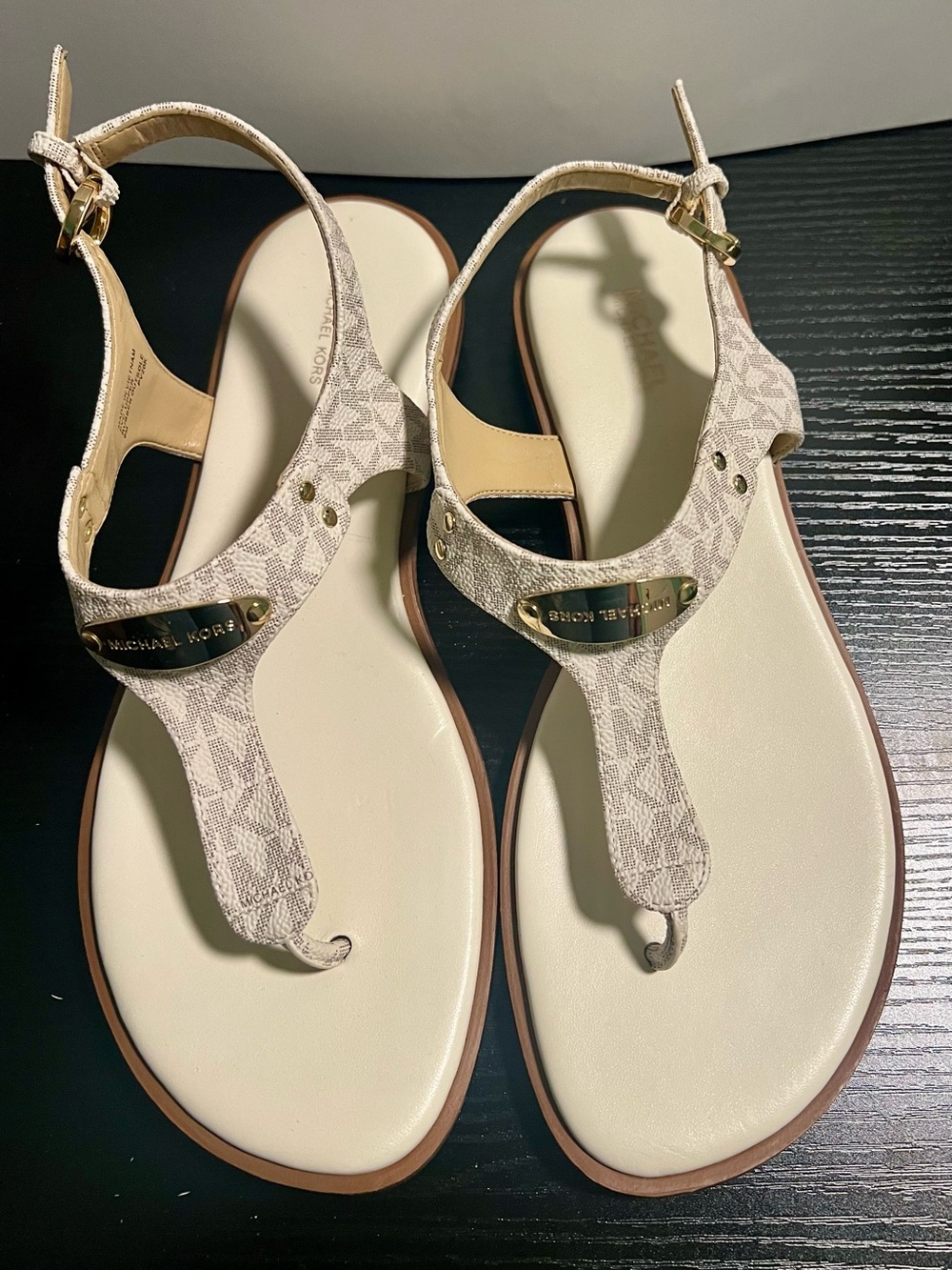 Michael Kors Cream Logo T-strap Sandals with Gold Hardware